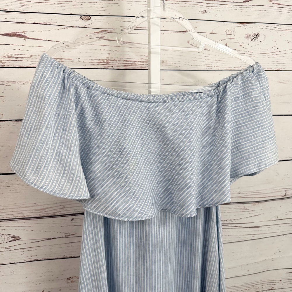 7 For All Mankind Off the Shoulder Light Blue & White Striped Mini Dress Medium - Picture 3 of 9